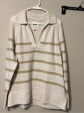 aerie Cream and Tan Striped V‑Neck Collared Sweater